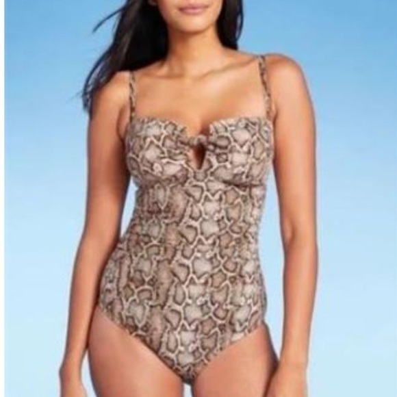 Women’s Textured Pique Tie-Front One Piece Swimsuit Kona Sol Snake Print Size M - Picture 2 of 10